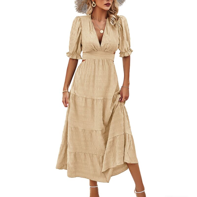 クリアフラワー レディース トップス ワンピース ティアード カットアウト マキシ ClearFlower Women'summer Maxi Dress Tiered Casual Vacation Dresses Puff Sleeve Cutoutie Waist Khaki カーキ｜ReVida 店