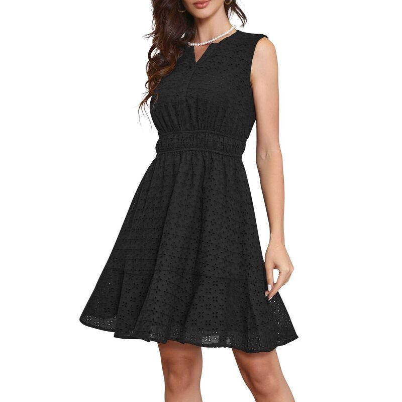 インスパイア シック レディース トップス ワンピース Vネック A ライン ミニ ノースリーブ INSPIRE CHIC Summer Dress for Women Sleeveless V Neck Eyelet Hollow Out A Line Mini Dresses Black ブラック|ReVida 店