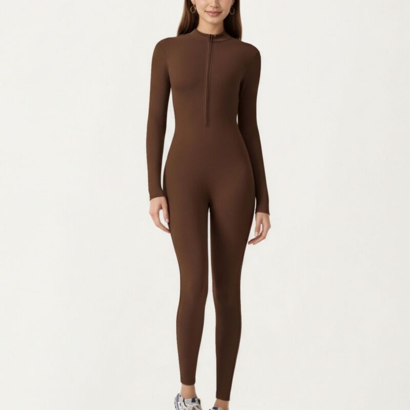 アンナカシ レディース トップス 衣装 ハーフジップ ロンパース Anna-Kaci Women\u0027s Long Sleeve Fullength Active Romper with Front Half Zip and Sculpted One-Piece Fit Brown 赤銅色