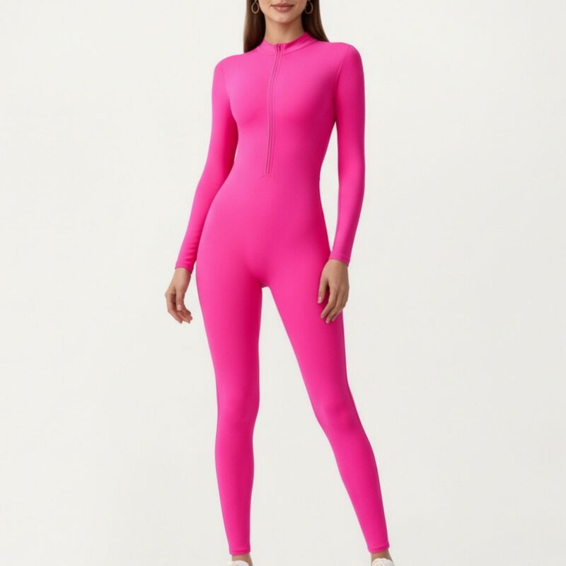 アンナカシ レディース トップス 衣装 ハーフジップ ロンパース Anna-Kaci Women\u0027s Long Sleeve Fullength Active Romper with Front Half Zip and Sculpted One-Piece Fit Fuchsia フューシャ