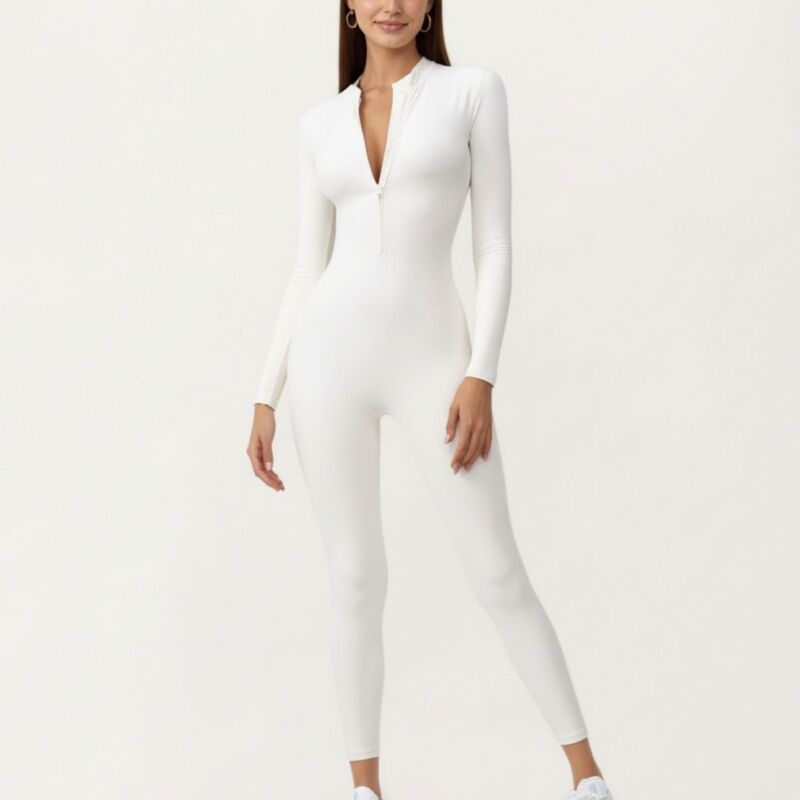 アンナカシ レディース トップス 衣装 ハーフジップ ロンパース Anna-Kaci Women\u0027s Long Sleeve Fullength Active Romper with Front Half Zip and Sculpted One-Piece Fit Off White 象牙色