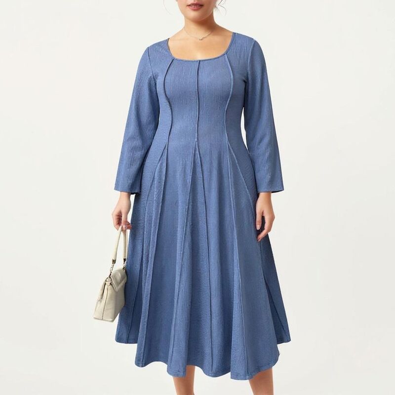 アンナカシ レディース トップス 衣装 つけ加える大きさ midi スコート Anna-Kaci Women\u0027s Plusize Long Sleeve Midi Dress with Fitted Bodice Flared Skirt and Square Neckline Blue 青み