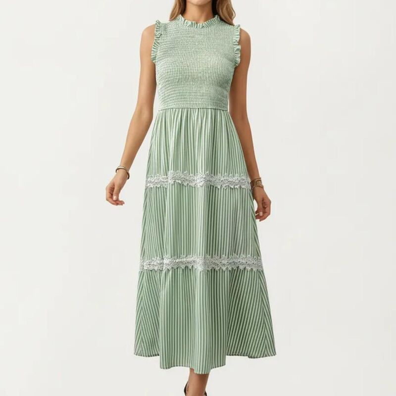 アンナカシ レディース トップス ワンピース レーストリム フリル ミディ ノースリーブ シャーリング レース Anna-Kaci Women'sleevelessmocked Midi Dress with Ruffle Armholes and Lace Trim Panels Green グリーン|ReVida 店
