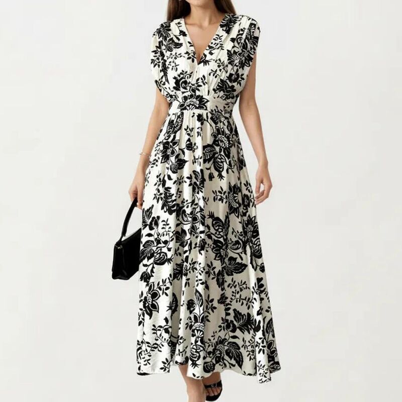 アンナカシ レディース トップス 衣装 V素っ首 御花柄 刷り上げる マキシ 御花 Anna-Kaci Women\u0027s V Neck Maxi Dress with Floral Print and Flutter Sleeves Black 黒いこと