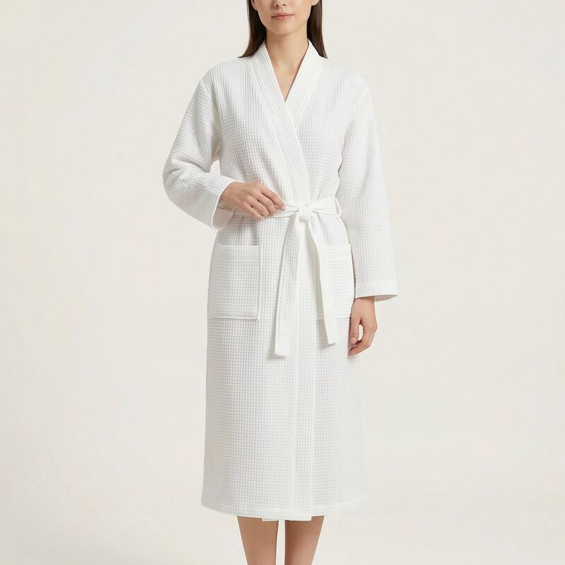 アンナカシ レディース アンダーお召しもの ナイト爵お召しもの 編み物 Anna-Kaci Waffle Knit Long Sleeve Bathrobe with Adjustable Waistie Belt and Front Patch Pockets White 白いこと