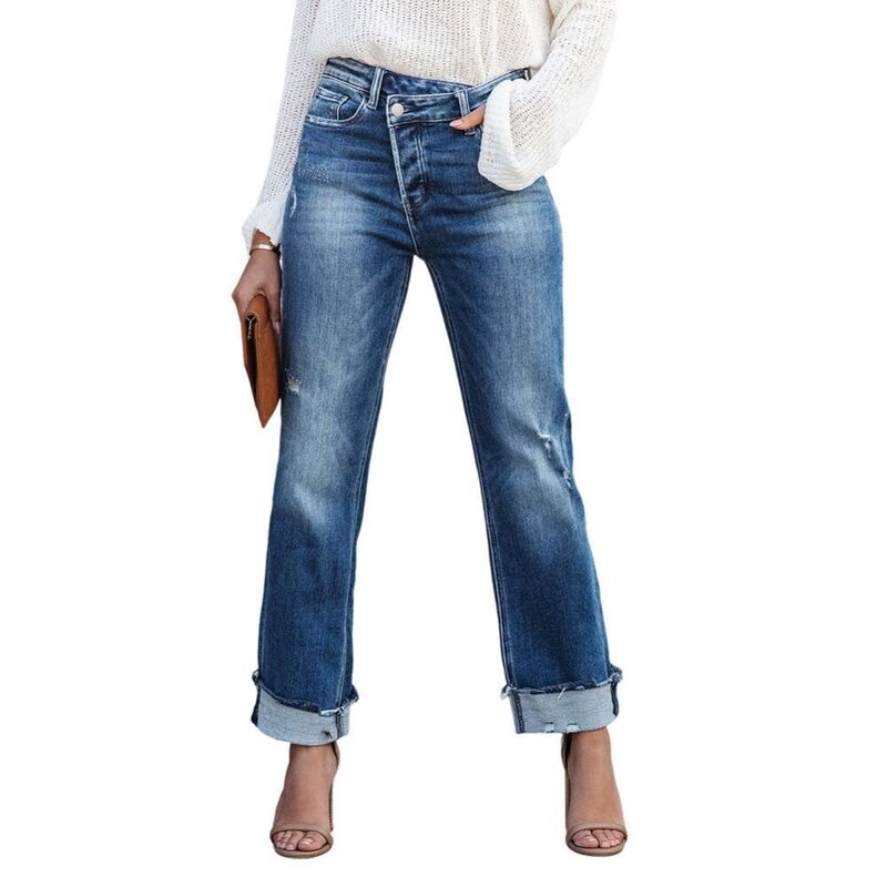上半身大きさ レディース ボトムス ジーンズズボン下 ワイドレッグ クロップド デニム BODDYSIZE Women Wide Leg Jeans Trendy Cropped High Waisted Crossover Boyfriend Jeanstretchy Denim Blue 青み