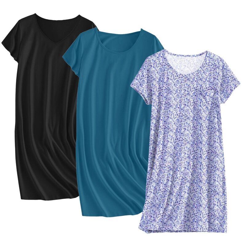 エコアー レディース アンダーお召しもの ナイト爵お召しもの プルオーバー 綿織物 Ekouaer Cottonightgowns for Women 3 Pack Sleepshirtshort Sleeve Night Shirtshirt Night Gown Blue Black Floral 黒いこと