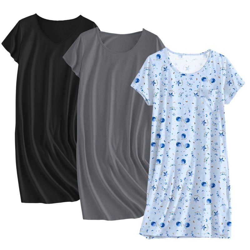 エコアー レディース アンダーお召しもの ナイト爵お召しもの プルオーバー 綿織物 Ekouaer Cottonightgowns for Women 3 Pack Sleepshirtshort Sleeve Night Shirtshirt Night Gown Dark Grey Black 黒いこと