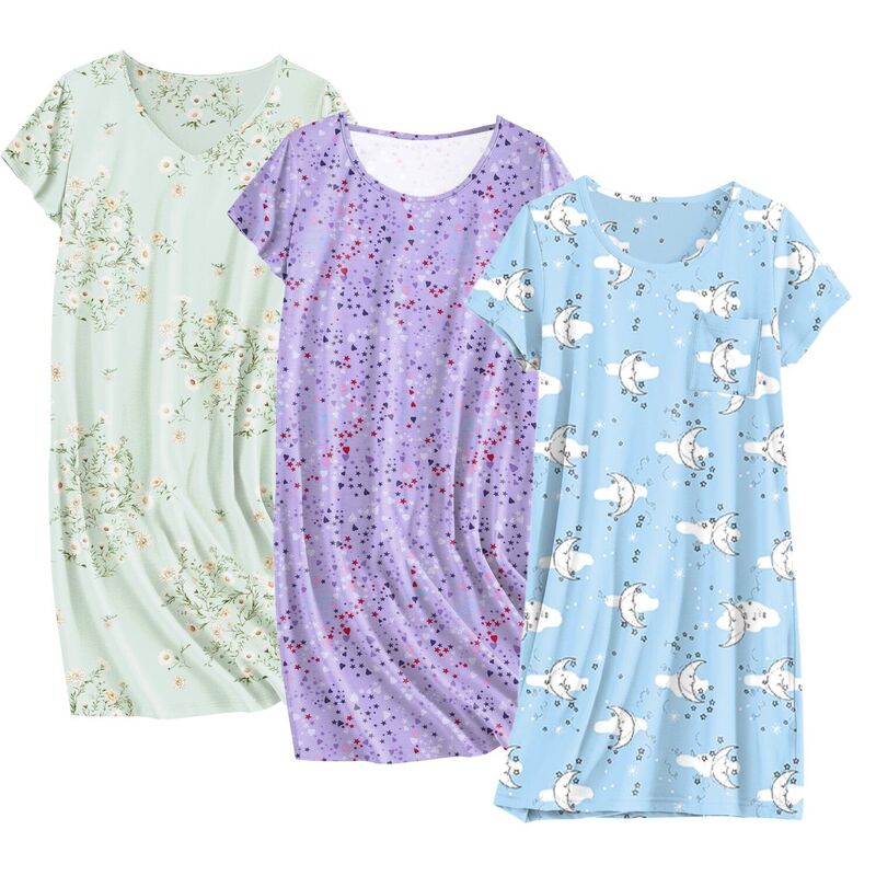 エコアー レディース アンダーお召しもの ナイト爵お召しもの プルオーバー 綿織物 Ekouaer Cottonightgowns for Women 3 Pack Sleepshirtshort Sleeve Night Shirtshirt Night Gown Little Daisy Blue 青色