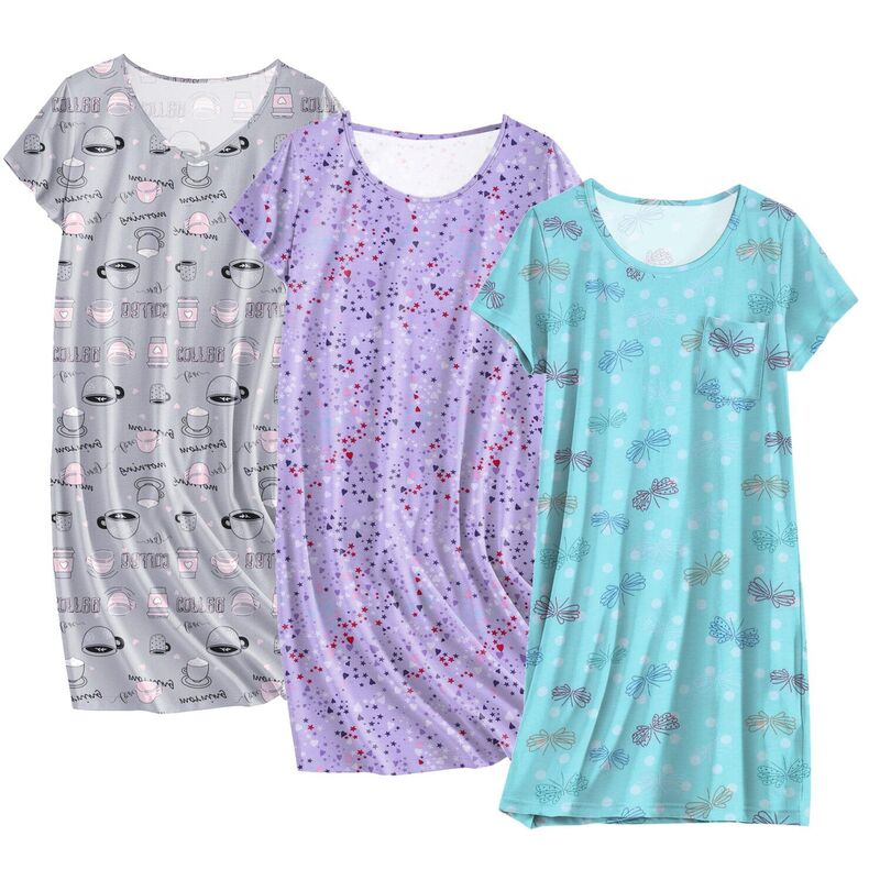 エコアー レディース アンダーお召しもの ナイト爵お召しもの プルオーバー 綿織物 Ekouaer Cottonightgowns for Women 3 Pack Sleepshirtshort Sleeve Night Shirtshirt Night Gown Purple Star Blue 青色