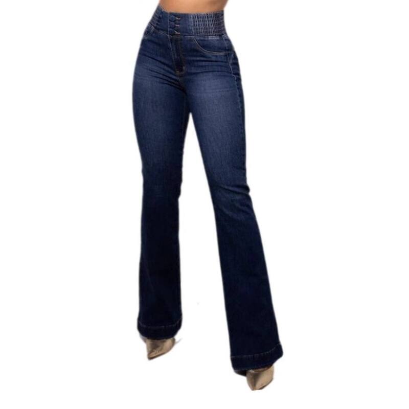 救世主流行り物 レディース ボトムス ジーンズズボン下 シャーリング デニム Yesfashion Women\u0027s High Waisted Flare Jeanstretchy Denim with Smocked Waistbandark Blue 青み