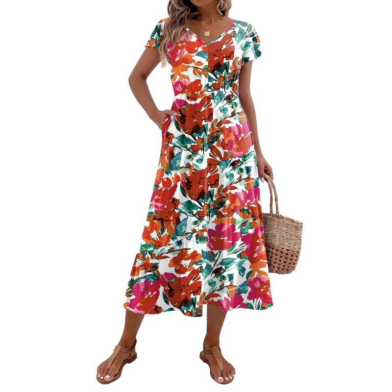 ジーグー レディース トップス 衣装 V素っ首 ティアード 名取り草落ち込む midi 落ち込む Zeagoo Midi Dresses for Women Casual Short Sleeve Long V Neck Button Down Tieredress with Pockets Floral