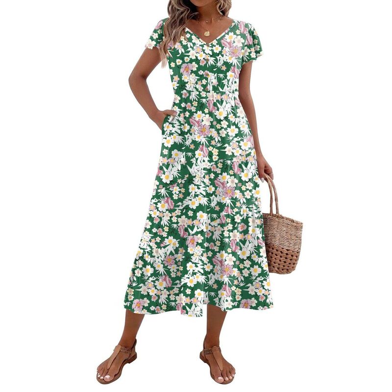 ジーグー レディース トップス 衣装 V素っ首 ティアード 名取り草落ち込む midi 落ち込む Zeagoo Midi Dresses for Women Casual Short Sleeve Long V Neck Button Down Tieredress with Pockets Green White Pink 白いこと