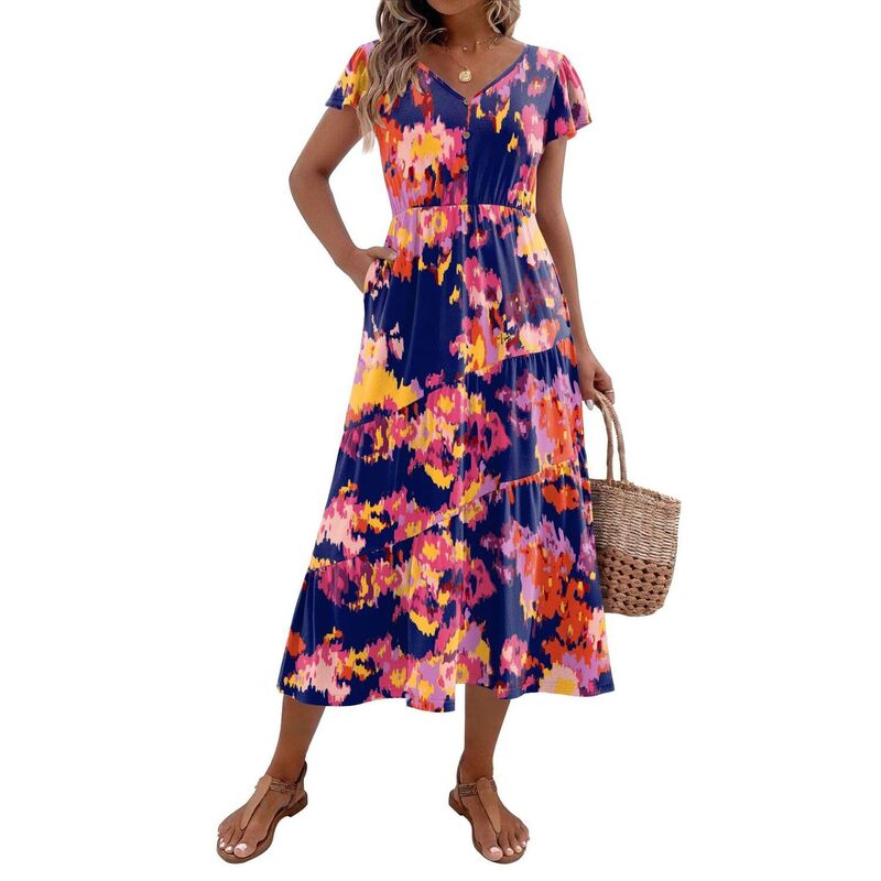 ジーグー レディース トップス 衣装 V素っ首 ティアード 名取り草落ち込む midi 落ち込む Zeagoo Midi Dresses for Women Casual Short Sleeve Long V Neck Button Down Tieredress with Pockets Navy Pink Orange 米国海軍