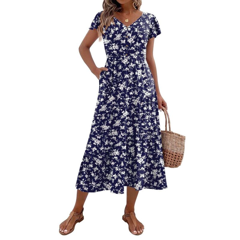 ジーグー レディース トップス 衣装 V素っ首 ティアード 名取り草落ち込む midi 落ち込む Zeagoo Midi Dresses for Women Casual Short Sleeve Long V Neck Button Down Tieredress with Pockets Navy White 白いこと