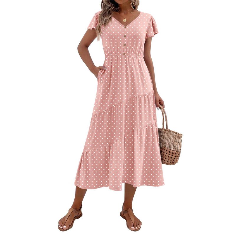 ジーグー レディース トップス 衣装 V素っ首 ティアード 名取り草落ち込む midi 落ち込む Zeagoo Midi Dresses for Women Casual Short Sleeve Long V Neck Button Down Tieredress with Pockets Pink Polkdot サクラ色