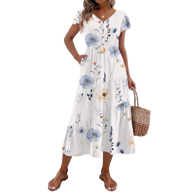ジーグー レディース トップス 衣装 V素っ首 ティアード 名取り草落ち込む midi 落ち込む Zeagoo Midi Dresses for Women Casual Short Sleeve Long V Neck Button Down Tieredress with Pockets White Lightblue Yellow 白いこと