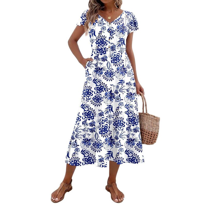 ジーグー レディース トップス 衣装 V素っ首 ティアード 名取り草落ち込む midi 落ち込む Zeagoo Midi Dresses for Women Casual Short Sleeve Long V Neck Button Down Tieredress with Pockets White Navy Blue 白いこと