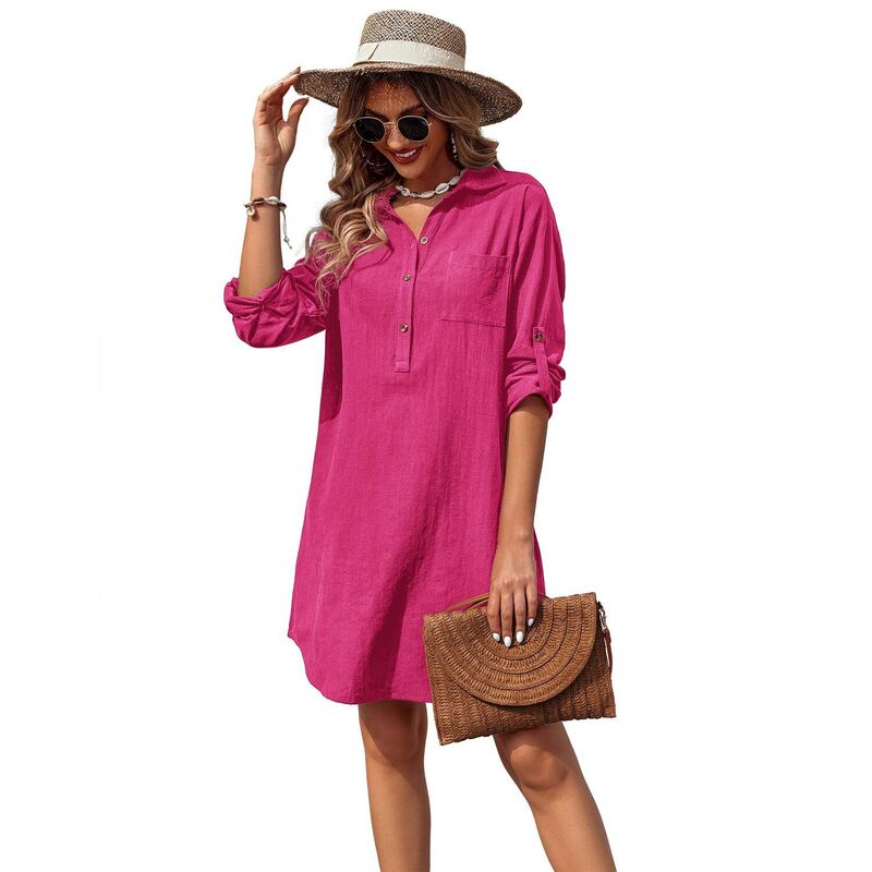 ジーグー レディース トップス 衣装 プルオーバー 綿織物 リネン Zeagoo Women White Linen Button Up 100% Cotton Shirt Dress Henley Roll-Up Sleeve Tunic Top Rose Red 赤いこと