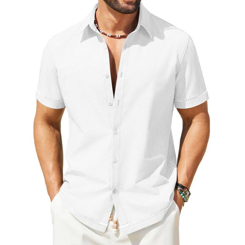 クーファンディ レディース トップス Tシャツ ボタンダウン リネン COOFANDY Button Down Shirt Men Casual Stylish Summer Beach Linen Shirtshort Sleeve Clear White ホワイト｜ReVida 店
