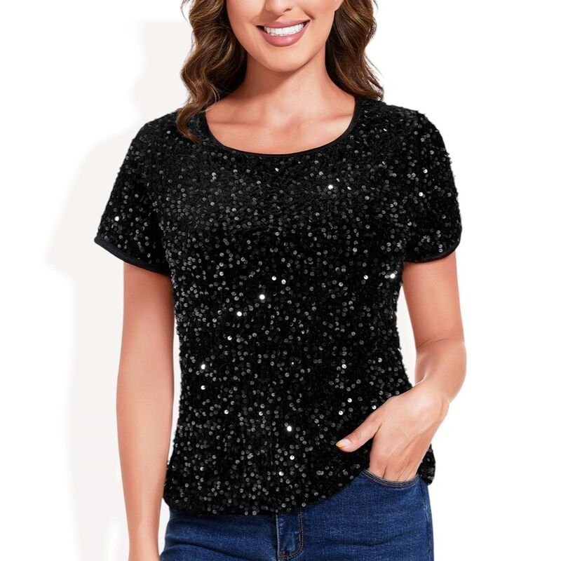 アンナカシ レディース トップス Tシャツ ベルベット スパンコール ブラウス Anna-Kaci Women'sparkly Sequin Velvetopshort Sleeve Shirt Party Blouse Black ブラック｜ReVida 店