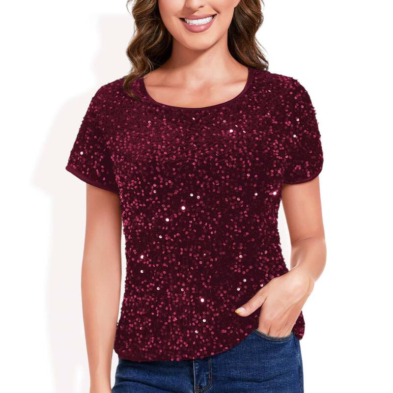 アンナカシ レディース トップス Tシャツ ベルベット スパンコール ブラウス Anna-Kaci Women'sparkly Sequin Velvetopshort Sleeve Shirt Party Blouse Burgundy バーガンディ｜ReVida 店