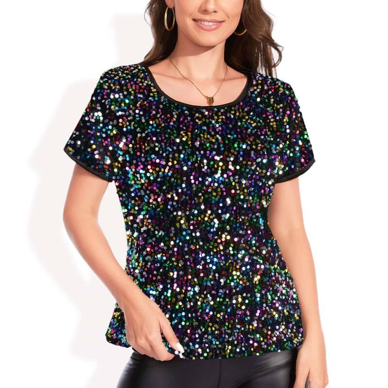 アンナカシ レディース トップス Tシャツ ベルベット スパンコール ブラウス Anna-Kaci Women'sparkly Sequin Velvetopshort Sleeve Shirt Party Blouse Colorful｜ReVida 店