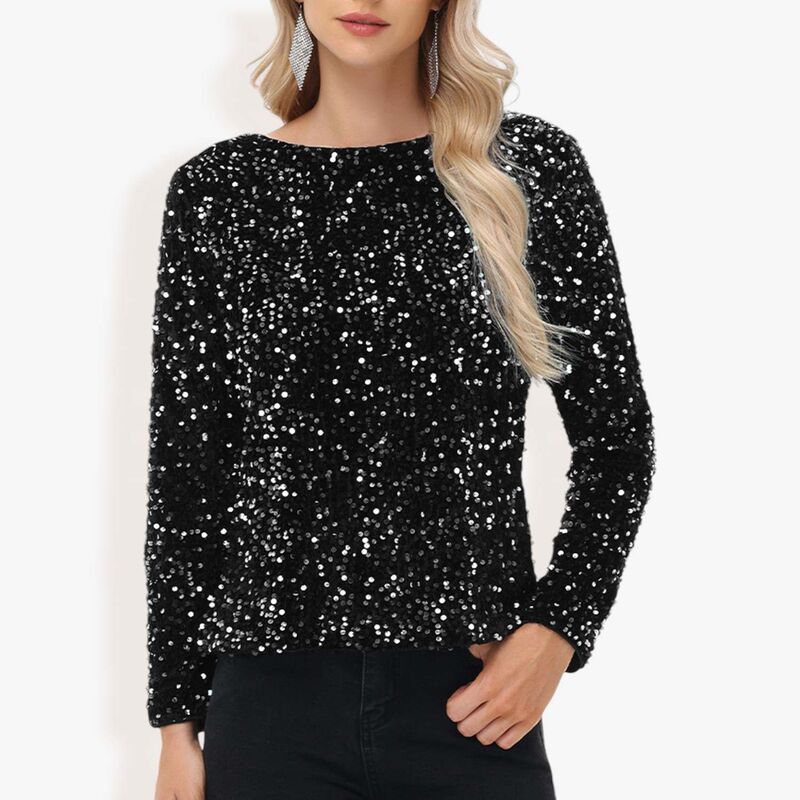 アンナカシ レディース トップス Tシャツ スパンコール ブラウス Anna-Kaci Women'sequin Tops Long Sleevening Party Concert Shirt Blouse Black And Silver ブラック｜ReVida 店