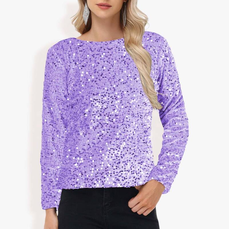 アンナカシ レディース トップス Tシャツ スパンコール ブラウス Anna-Kaci Women'sequin Tops Long Sleevening Party Concert Shirt Blouse Purple パープル｜ReVida 店