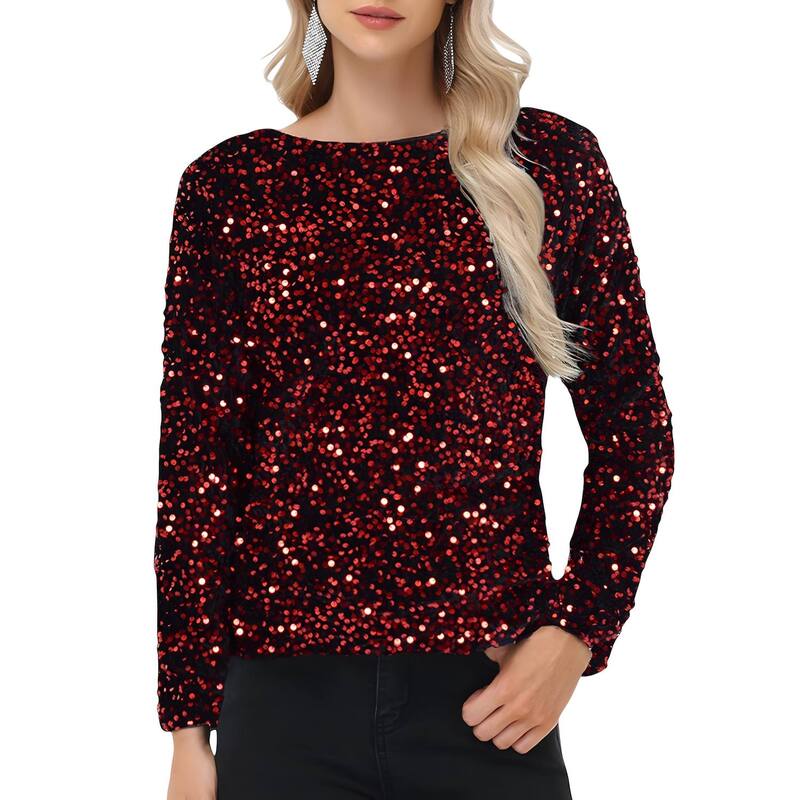 アンナカシ レディース トップス Tシャツ スパンコール ブラウス Anna-Kaci Women'sequin Tops Long Sleevening Party Concert Shirt Blouse Red レッド｜ReVida 店