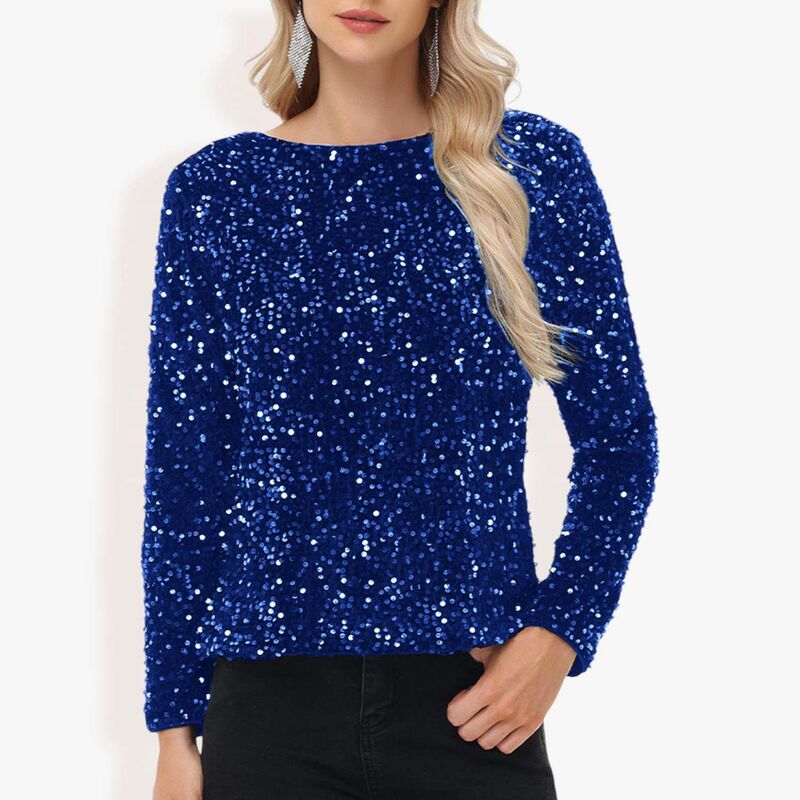 アンナカシ レディース トップス Tシャツ スパンコール ブラウス Anna-Kaci Women'sequin Tops Long Sleevening Party Concert Shirt Blouse Royal Blue ブルー｜ReVida 店