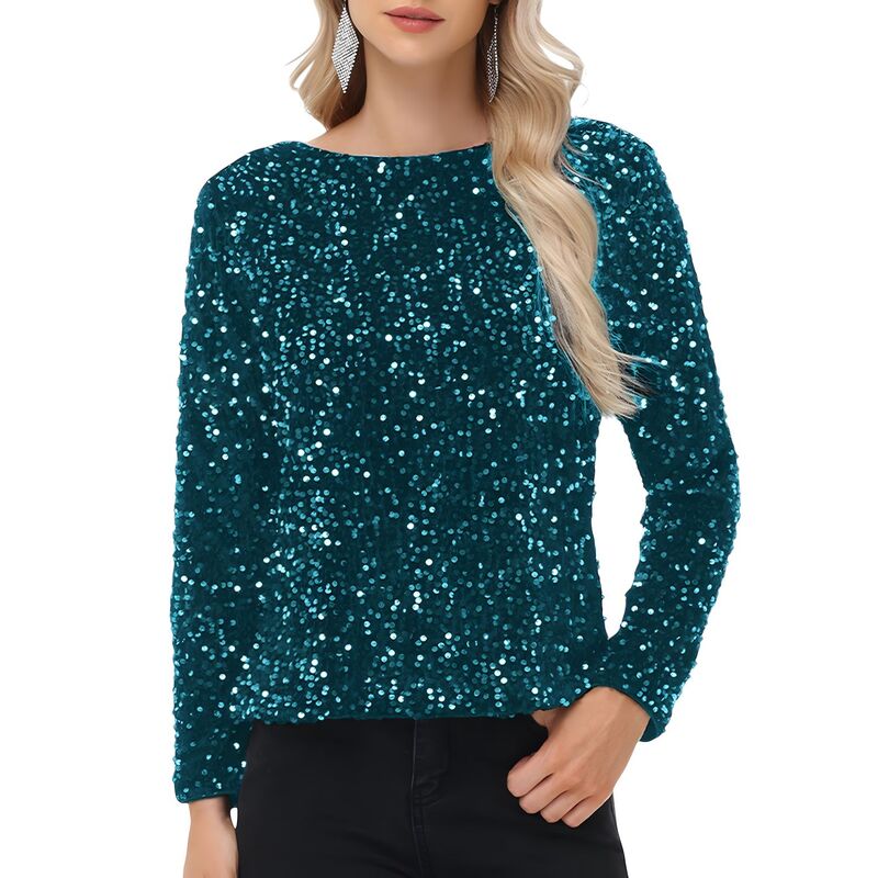 アンナカシ レディース トップス Tシャツ スパンコール ブラウス Anna-Kaci Women'sequin Tops Long Sleevening Party Concert Shirt Blouse Teal ティール｜ReVida 店