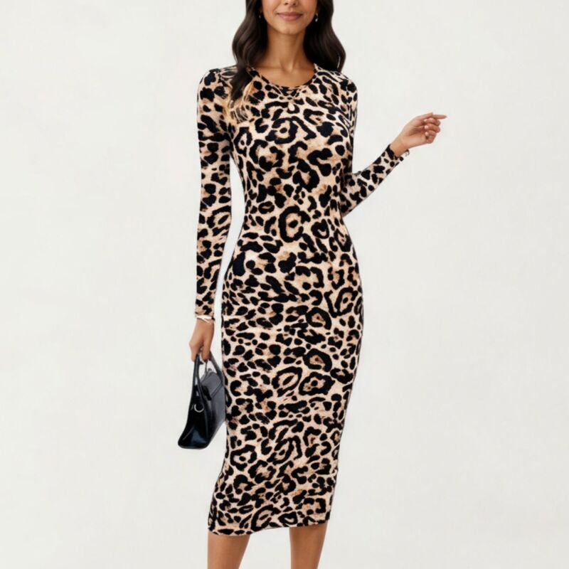 アンナカシ レディース トップス 衣装 労働者の一団素っ首 刷り上げる midi Anna-Kaci Women\u0027s Long Sleeve Leopard Print Bodycon Midi Dress with Crew Neck and Stretch Fit Brown 赤銅色