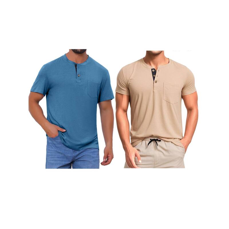 インスパイア シック レディース トップス Tシャツ INSPIRE CHIC 2 Packs Men's Henley T-Shirts Casual Summer Short Sleeves Button Basic Tee Dark Blue Khaki ブルー｜ReVida 店