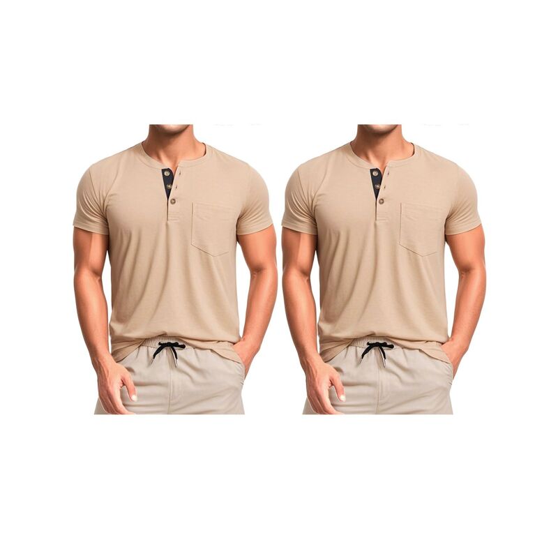 インスパイア シック レディース トップス Tシャツ INSPIRE CHIC 2 Packs Men's Henley T-Shirts Casual Summer Short Sleeves Button Basic Shirts Khaki カーキ｜ReVida 店