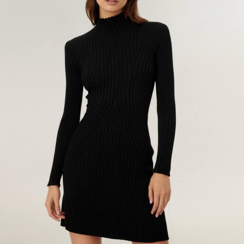 アンナカシ レディース トップス 衣装 肋筋 ミ編み物 Anna-Kaci Women\u0027s Long Sleeve Ribbed Knit Mini Dress with Contoured Textured Paneling and Stretch Fit Black 黒いこと