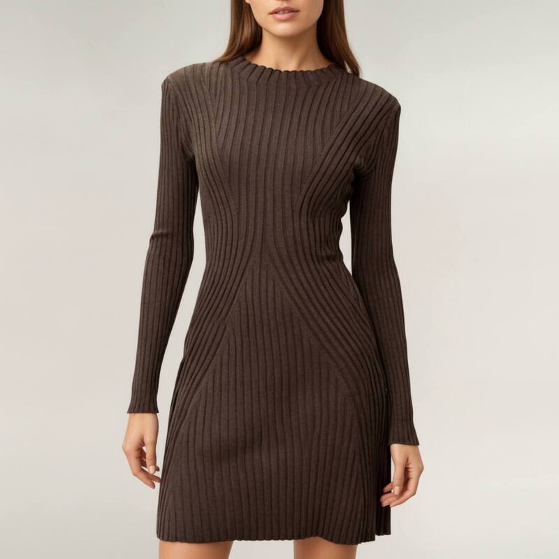 アンナカシ レディース トップス 衣装 肋筋 ミ編み物 Anna-Kaci Women\u0027s Long Sleeve Ribbed Knit Mini Dress with Contoured Textured Paneling and Stretch Fit Brown 赤銅色