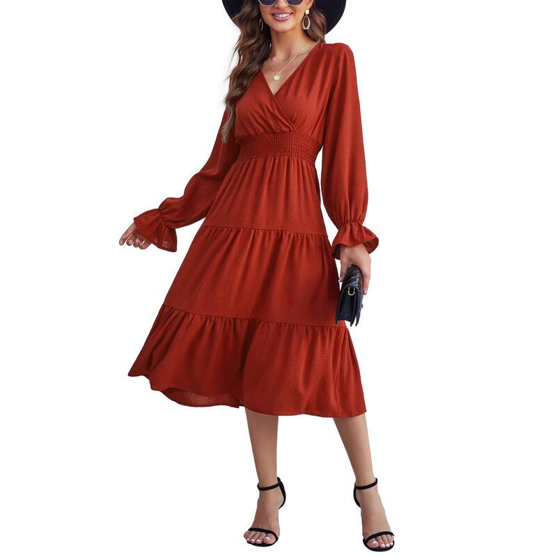 コジョイン レディース トップス 衣装 V素っ首 ティアード A 伝達ルート 筋目 midi シャーリング Kojooin Women\u0027s Casual Wrap V Neck Midi Dress Long Sleeve Smocked Waistiered A Line Pleated Flowy Dresses Burnt Orange オレンジ色