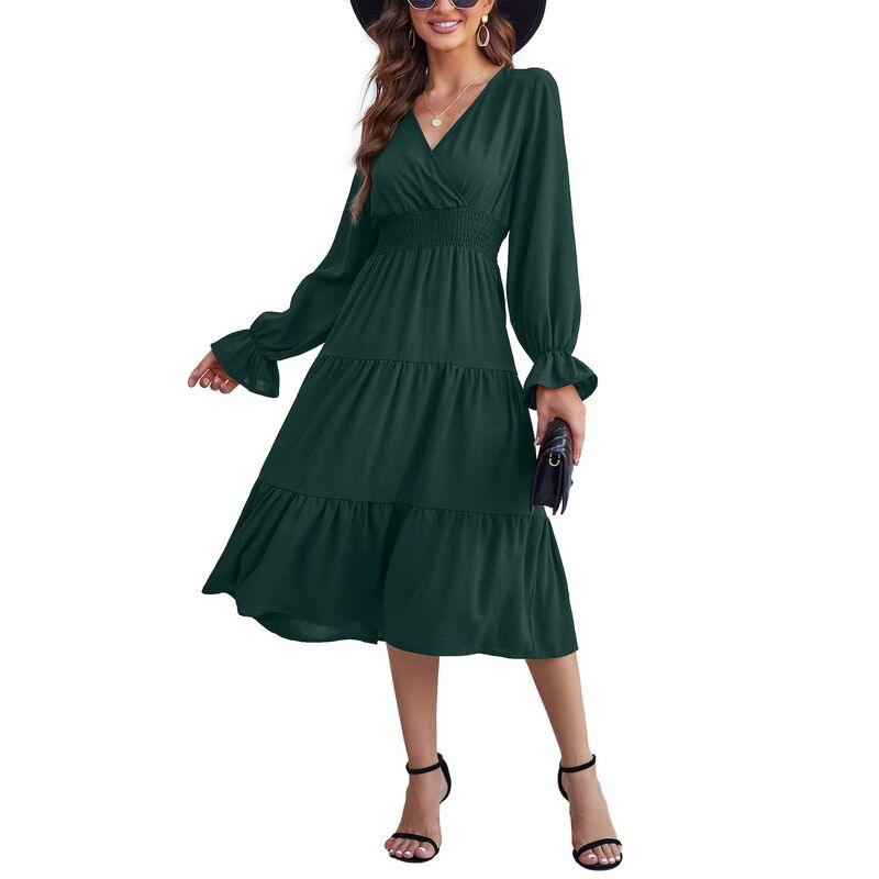 コジョイン レディース トップス 衣装 V素っ首 ティアード A 伝達ルート 筋目 midi シャーリング Kojooin Women\u0027s Casual Wrap V Neck Midi Dress Long Sleeve Smocked Waistiered A Line Pleated Flowy Dresses Dark Green 緑であること