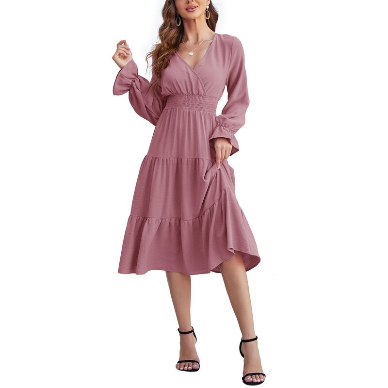コジョイン レディース トップス 衣装 V素っ首 ティアード A 伝達ルート 筋目 midi シャーリング Kojooin Women\u0027s Casual Wrap V Neck Midi Dress Long Sleeve Smocked Waistiered A Line Pleated Flowy Dresses Dusty Pink サクラ色
