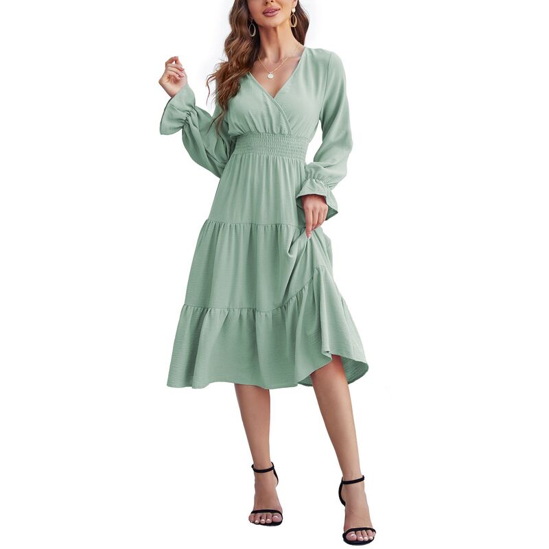 コジョイン レディース トップス 衣装 V素っ首 ティアード A 伝達ルート 筋目 midi シャーリング Kojooin Women\u0027s Casual Wrap V Neck Midi Dress Long Sleeve Smocked Waistiered A Line Pleated Flowy Dresses Grass Green 緑であること