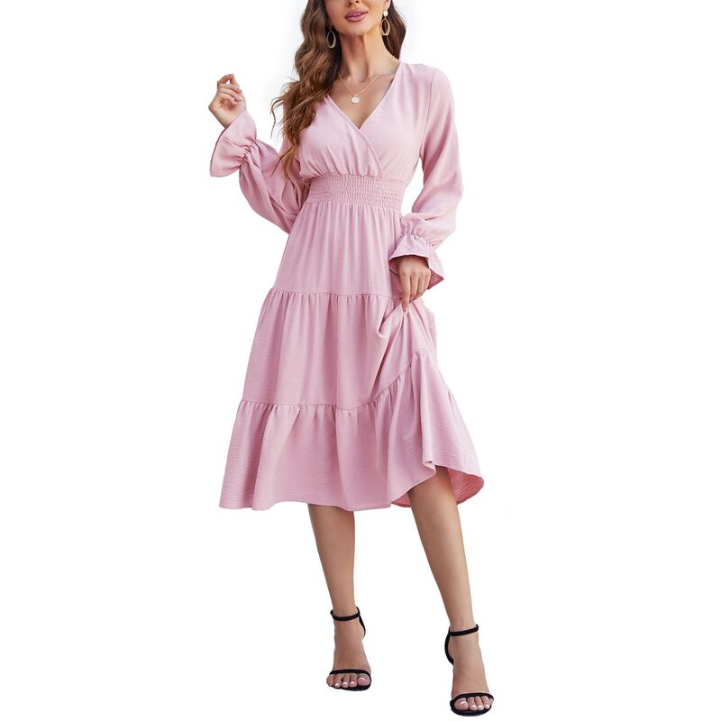 コジョイン レディース トップス 衣装 V素っ首 ティアード A 伝達ルート 筋目 midi シャーリング Kojooin Women\u0027s Casual Wrap V Neck Midi Dress Long Sleeve Smocked Waistiered A Line Pleated Flowy Dresses Light Pink サクラ色