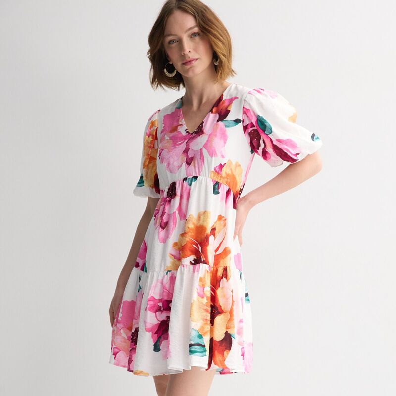 ナインウェスト レディース トップス 衣装 プチ Petite Nine West Bubble Sleeve Babydoll Dress Ivory Mira Blooms 象牙色