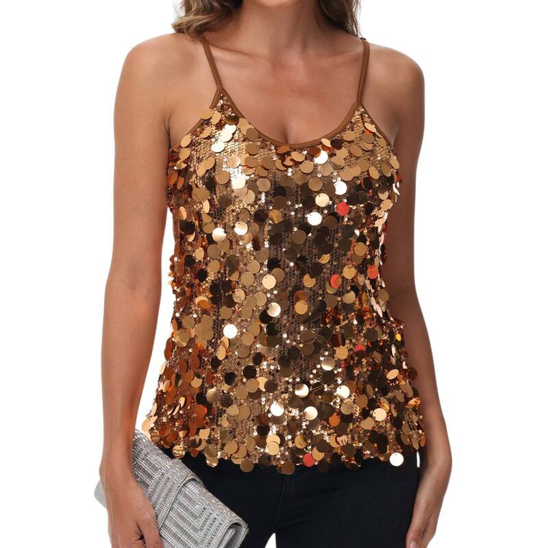 アンナカシ レディース トップス Tシャツ スパンコール Anna-Kaci Women'sequin Spaghetti Strap Tank Top with Iridescent Disc Accents Brown ブラウン｜ReVida 店