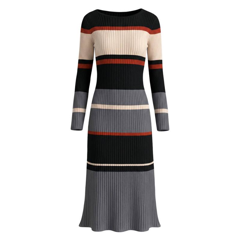 インスパイア 今めかしい レディース トップス 衣装 肋筋 スウェーター 編み物 INSPIRE CHIC Women\u0027striped Sweater Dress Long Sleeve Casual Work Ribbed Knit Bodycon Dresses Caramel Grey 薄墨色