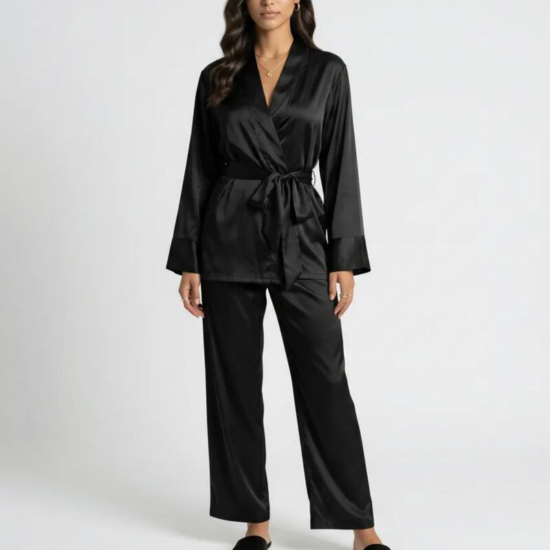 アンナカシ レディース アンダーお召しもの ナイト爵お召しもの ズボン下 繻子 Anna-Kaci Women\u0027s 2-Piece Set Satin Wrap Top with Tie Waist and Matching Straight-Leg Pants Black 黒いこと