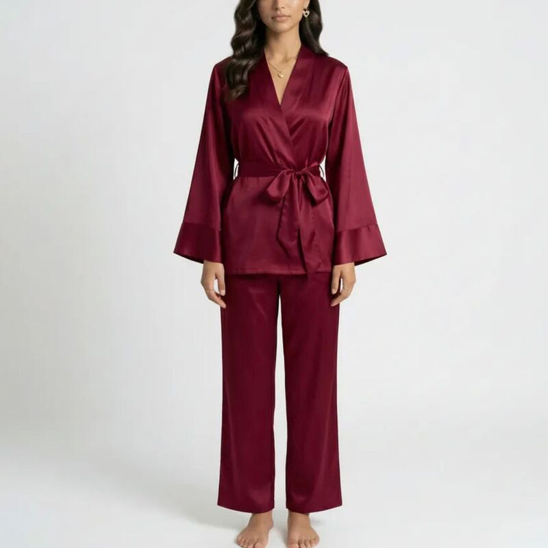 アンナカシ レディース アンダーお召しもの ナイト爵お召しもの ズボン下 繻子 Anna-Kaci Women\u0027s 2-Piece Set Satin Wrap Top with Tie Waist and Matching Straight-Leg Pants Burgundy バーガンディ