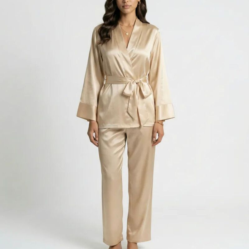 アンナカシ レディース アンダーお召しもの ナイト爵お召しもの ズボン下 繻子 Anna-Kaci Women\u0027s 2-Piece Set Satin Wrap Top with Tie Waist and Matching Straight-Leg Pants Gold ゴールド