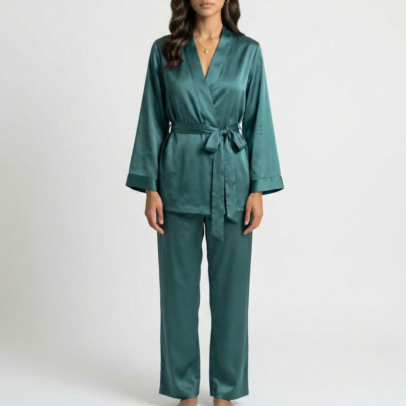 アンナカシ レディース アンダーお召しもの ナイト爵お召しもの ズボン下 繻子 Anna-Kaci Women\u0027s 2-Piece Set Satin Wrap Top with Tie Waist and Matching Straight-Leg Pants Teal ティール