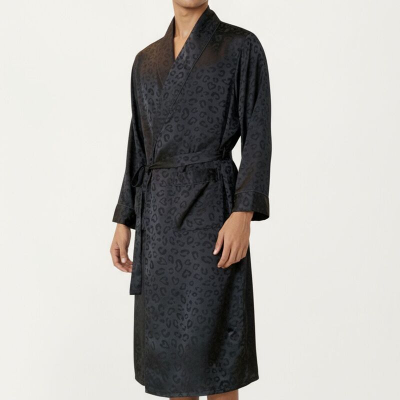 アンナカシ レディース アンダーお召しもの ナイト爵お召しもの 刷り上げる 繻子 Anna-Kaci Men\u0027s Leopard Print Satin Robe with Waistie and Front Pockets Black 黒いこと